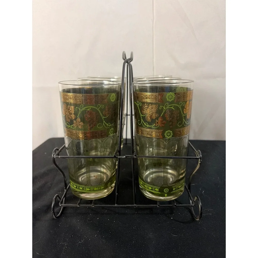 Vintage Cera Highball Glasses Set of 6 Green Gold Grape MCM Black‎ Metal Caddy